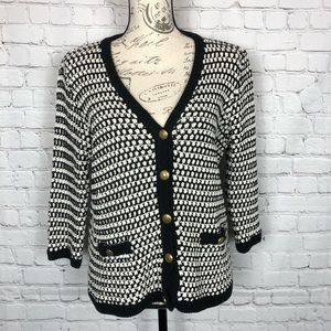 CAbi White Navy Blue Preppy Knit Cardigan Sweater